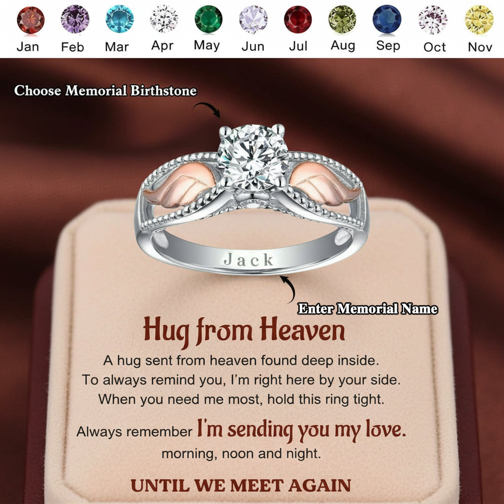 Personalized Hug From Heaven Memorial Angel Wings Ring