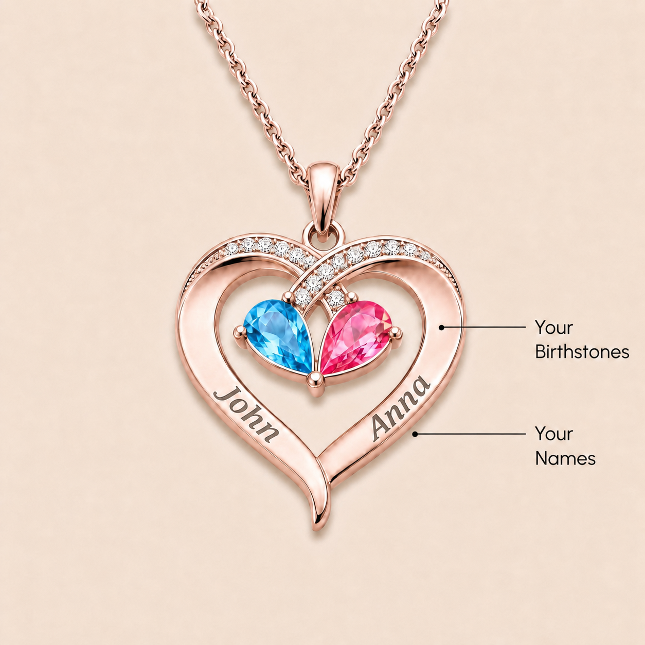 To My Love – Custom Double Birthstones&Name Heart Necklace