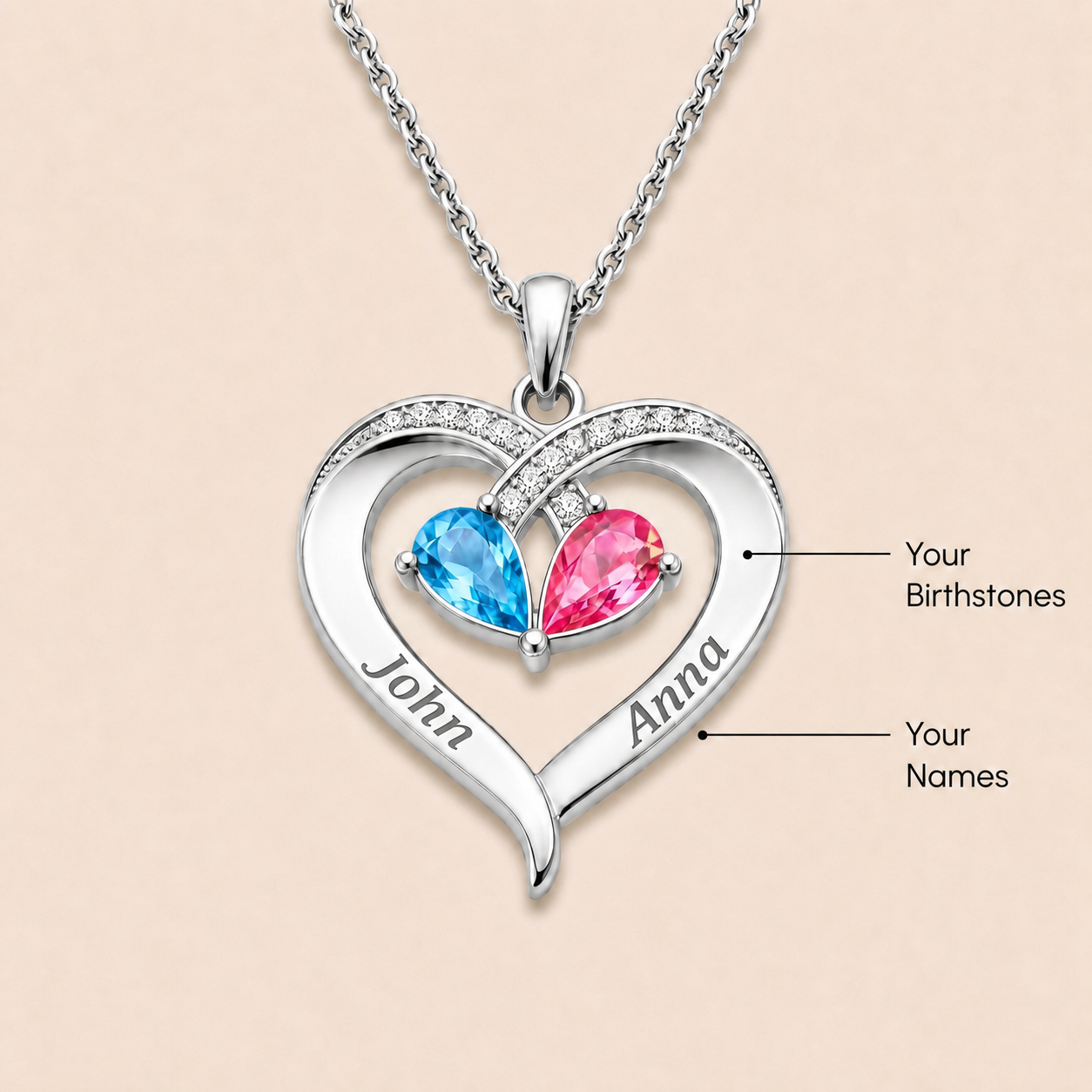 To My Love – Custom Double Birthstones&Name Heart Necklace