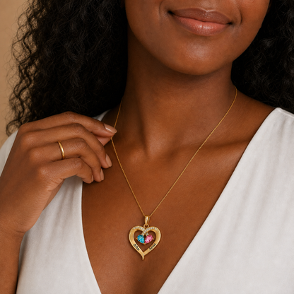 To My Love – Custom Double Birthstones&Name Heart Necklace