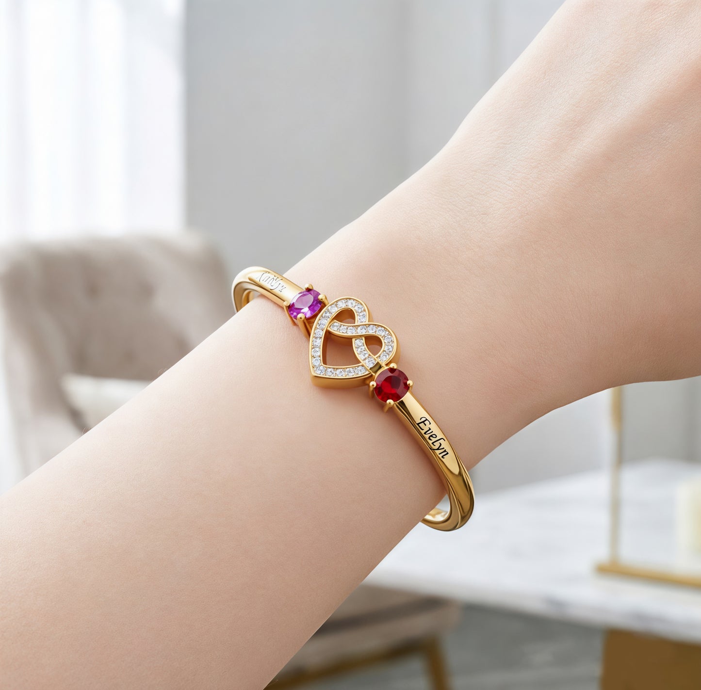 Mother And Daughter Heart Custom Birthstone&Name Bracelet