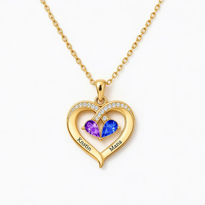 Mother And Daughter Custom Double Birthstones&Name Heart Necklace