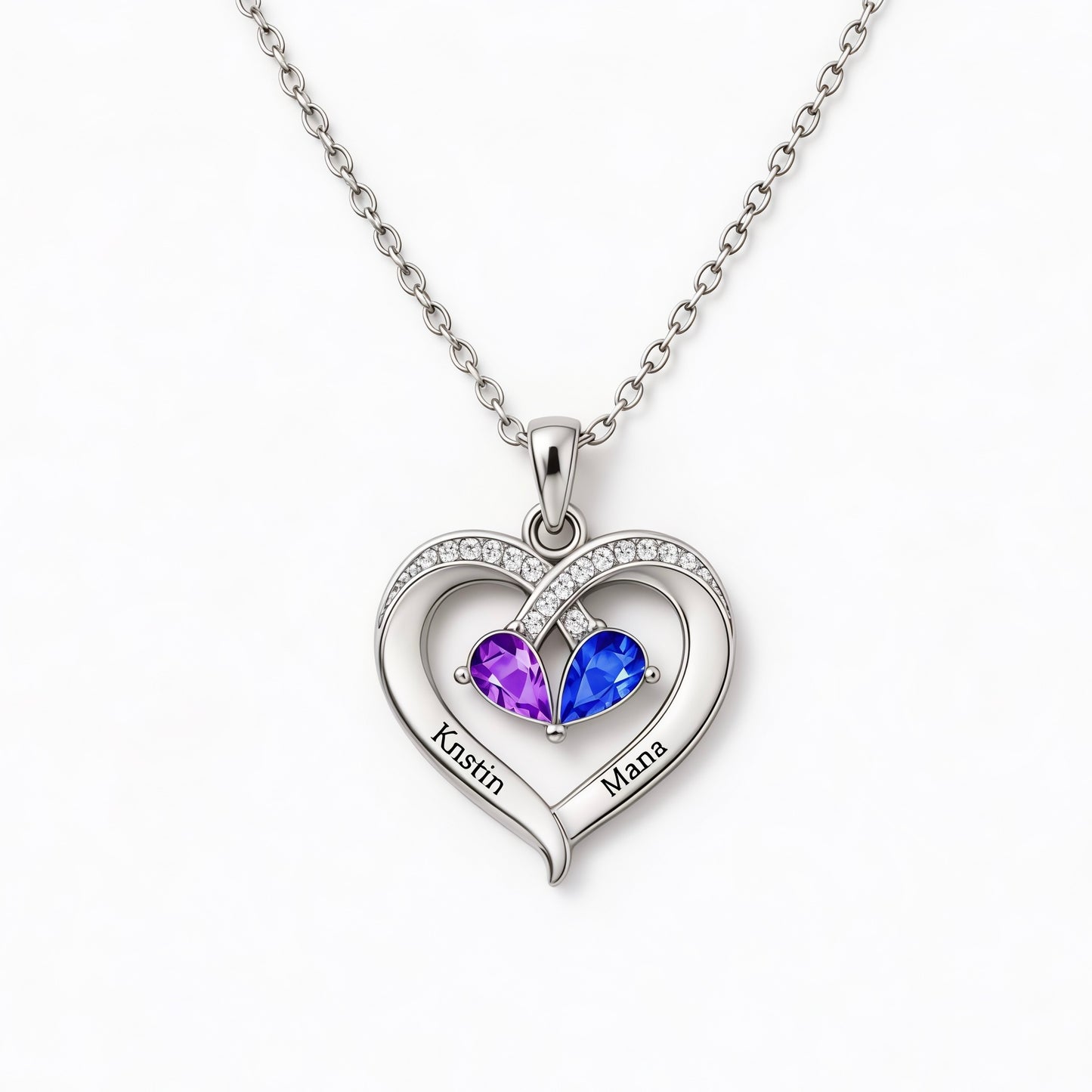Mother And Daughter Custom Double Birthstones&Name Heart Necklace