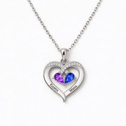 Mother And Daughter Custom Double Birthstones&Name Heart Necklace