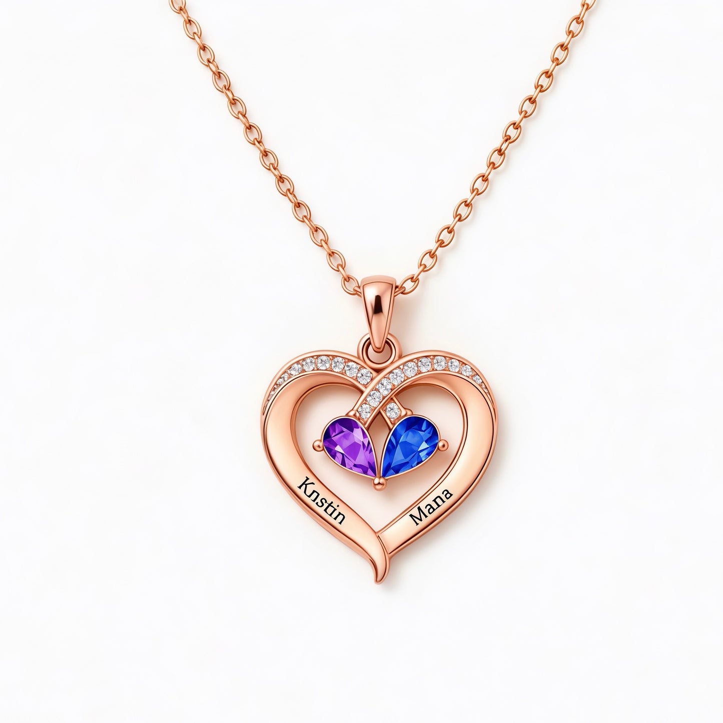 Mother And Daughter Custom Double Birthstones&Name Heart Necklace
