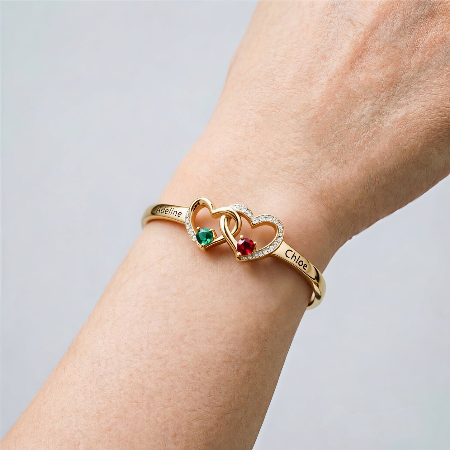 Personalized Grandmother And Granddaughter Double Heart Birthstone&Name Bracelet