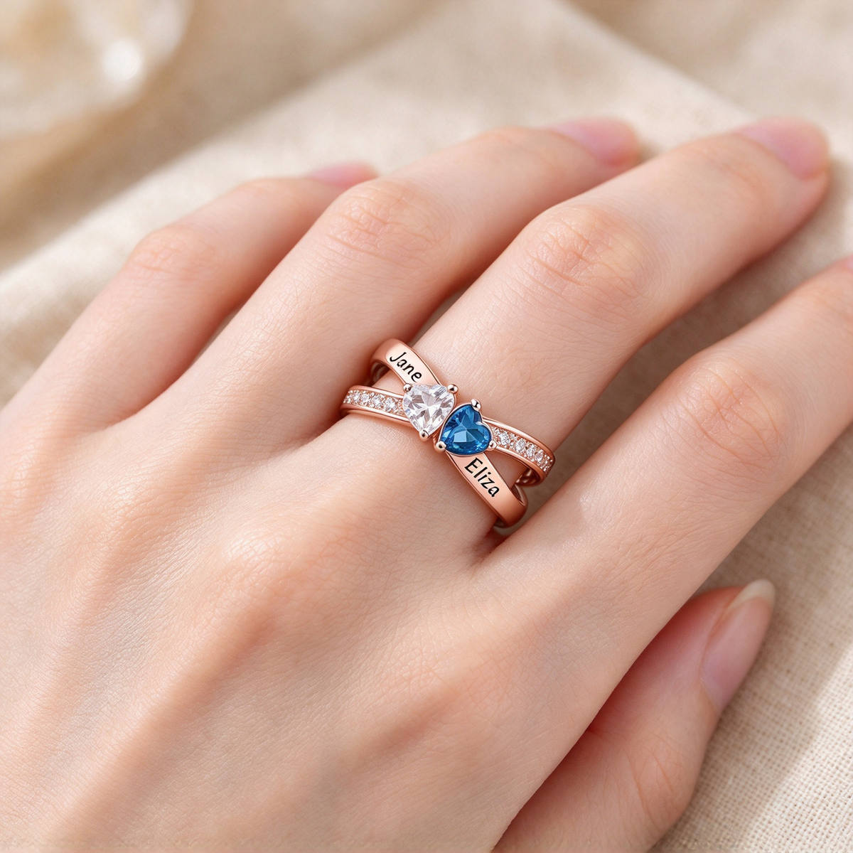 Mother&Daughter Custom Double Heart Birthstone&Name Ring